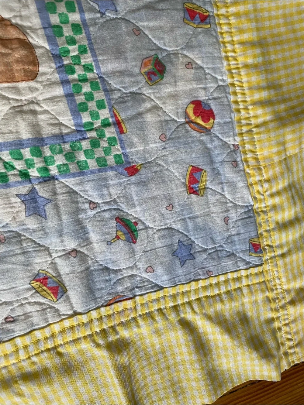 VTG  80s 90s Handmade Baby Quilt Yellow Plaid Giraffe Teddy Bear Elephant Bunny